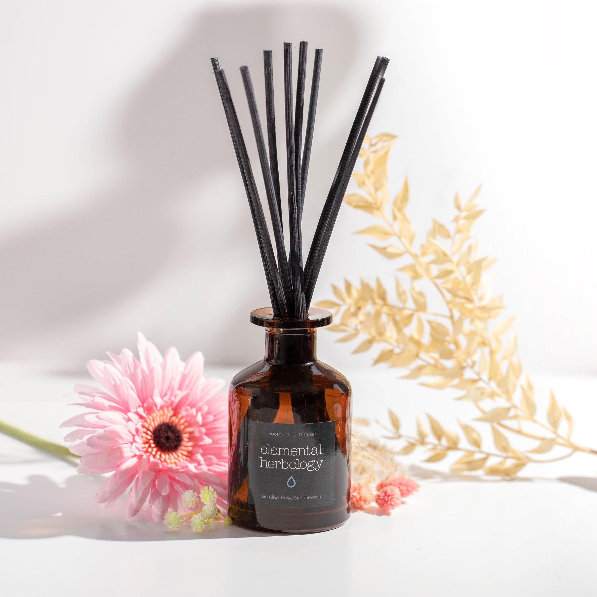 Room fragrance reed diffuser with soothing aromas of sweet jasmine, fresh rose and warming sandalwood