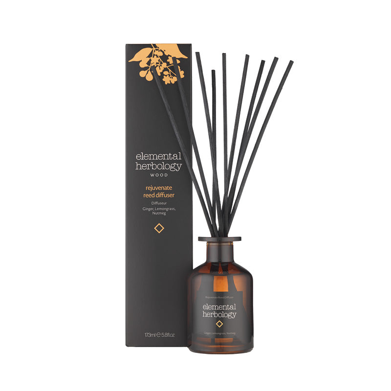 Natural Room fragrance reed diffuser with the invigorating scent of ginger, lemongrass, and nutmeg.